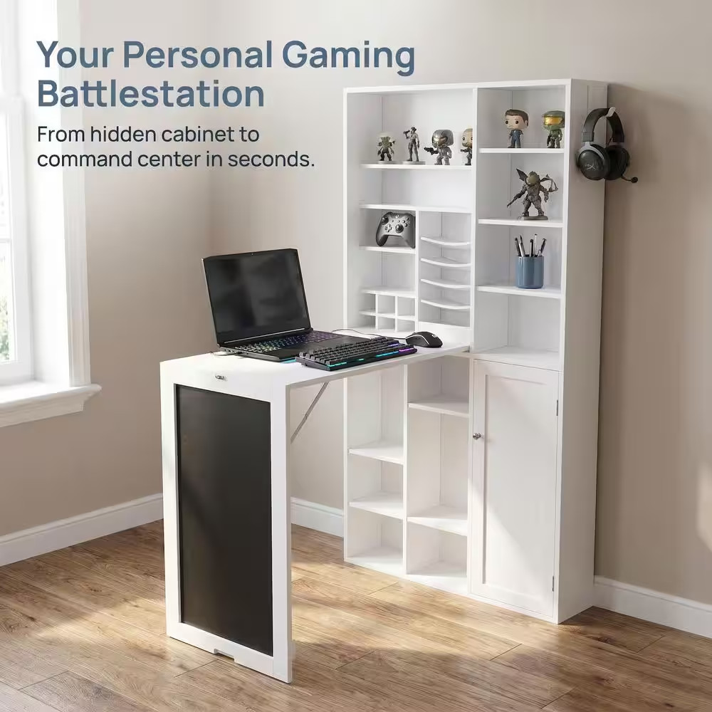 31 In. Rectangular White Floating Desk with Built-In Storage
