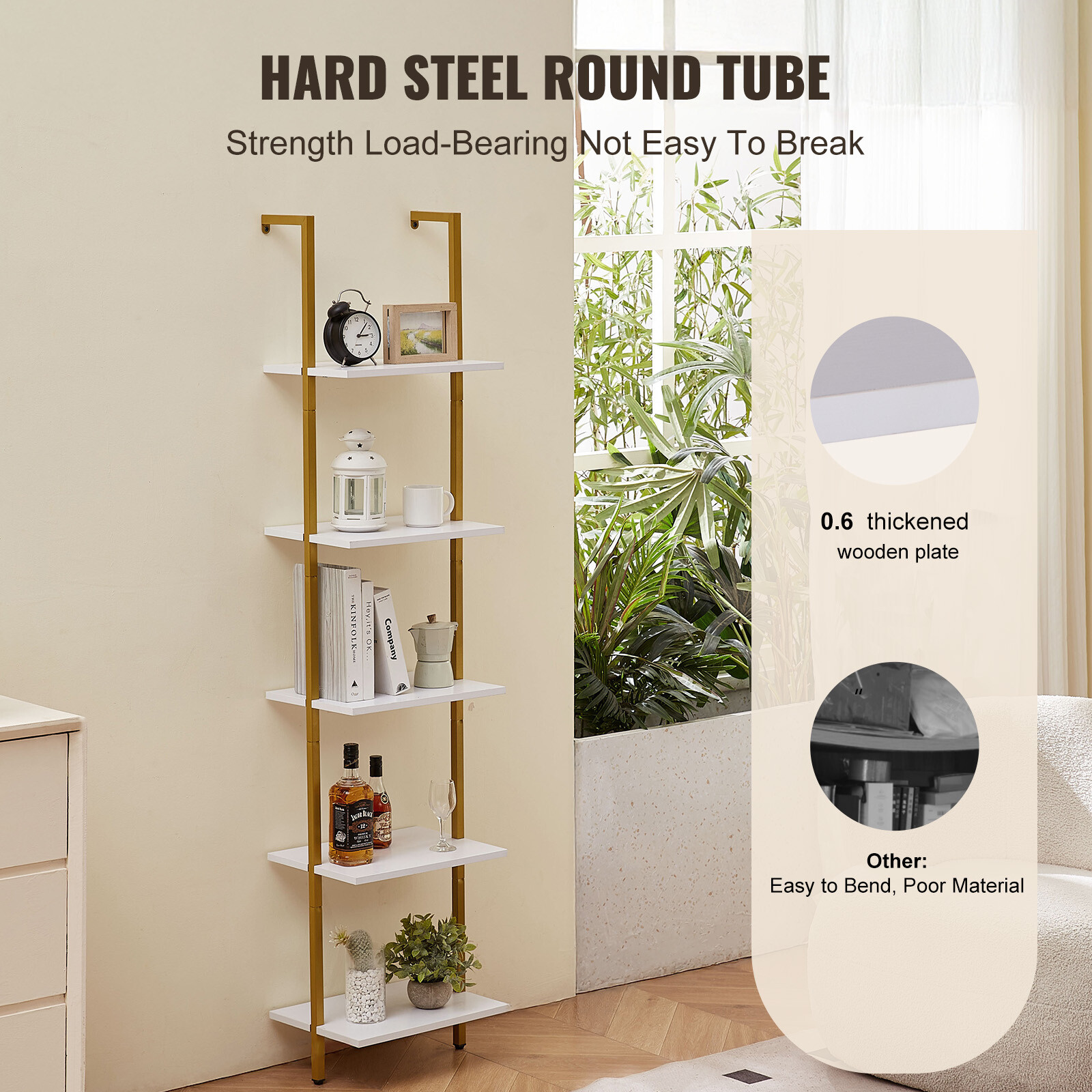 VEVOR Industrial Square Pipe Shelf 5 Tier 15.6×11.8in Wall-Mount Gold White