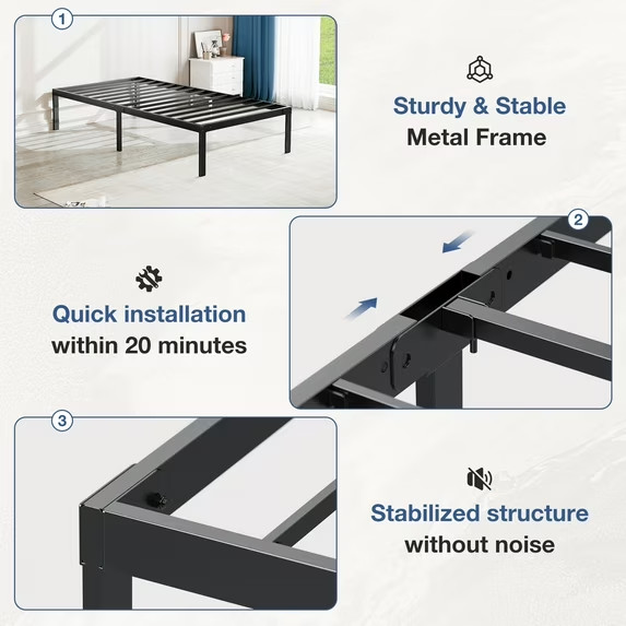 Gianna Sturdy Metal Platform Bed Frame – Twin Size with 14″ Under Bed Storage Sp