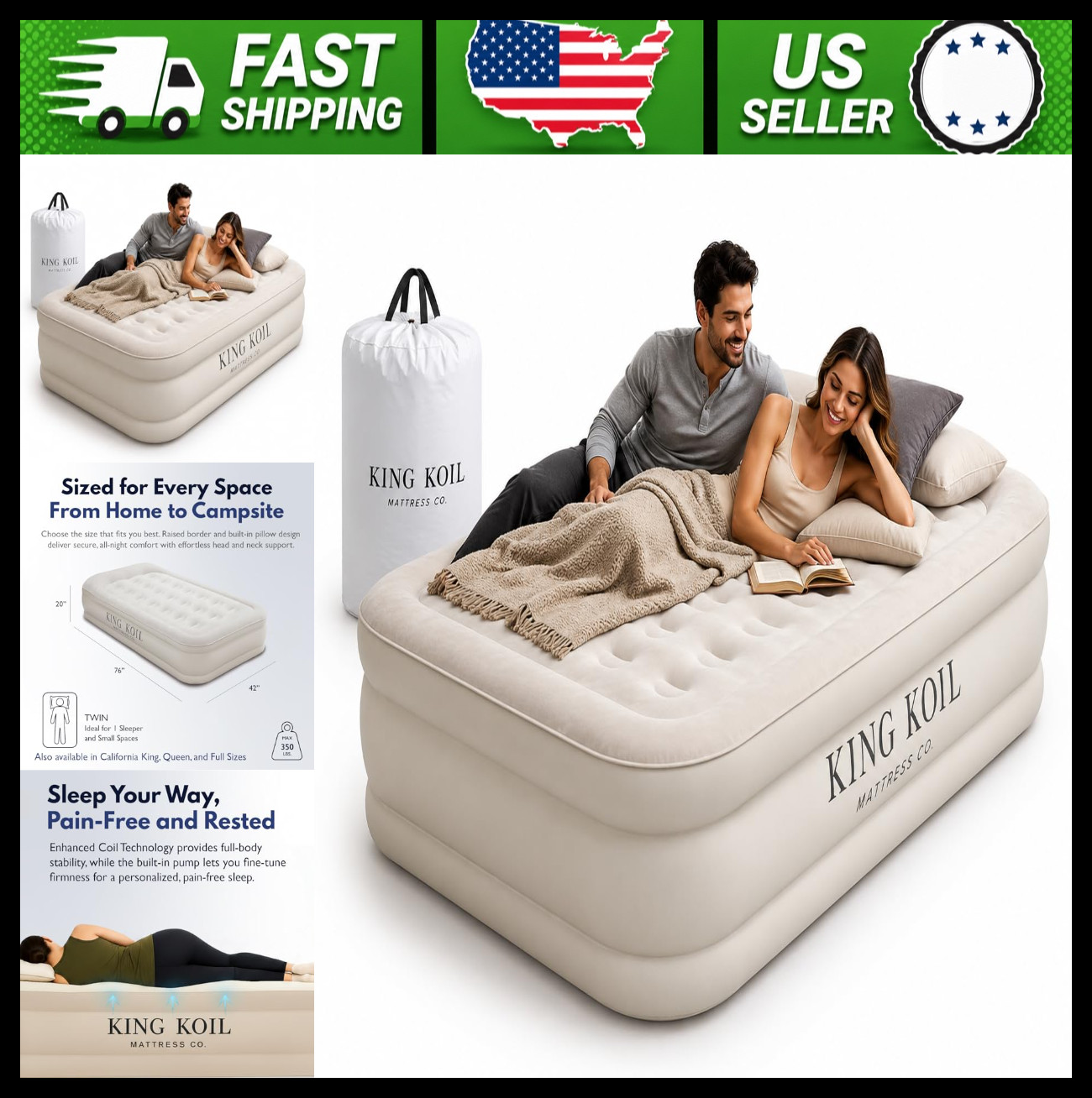King Koil 20in Twin Air Mattress with Built-In Pump, 300 lb Capacity