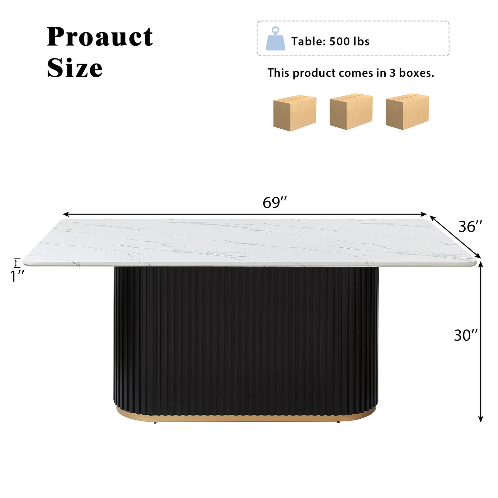 69″ Rectangular Faux Marble Dining Table Black Gold Base Seats 6