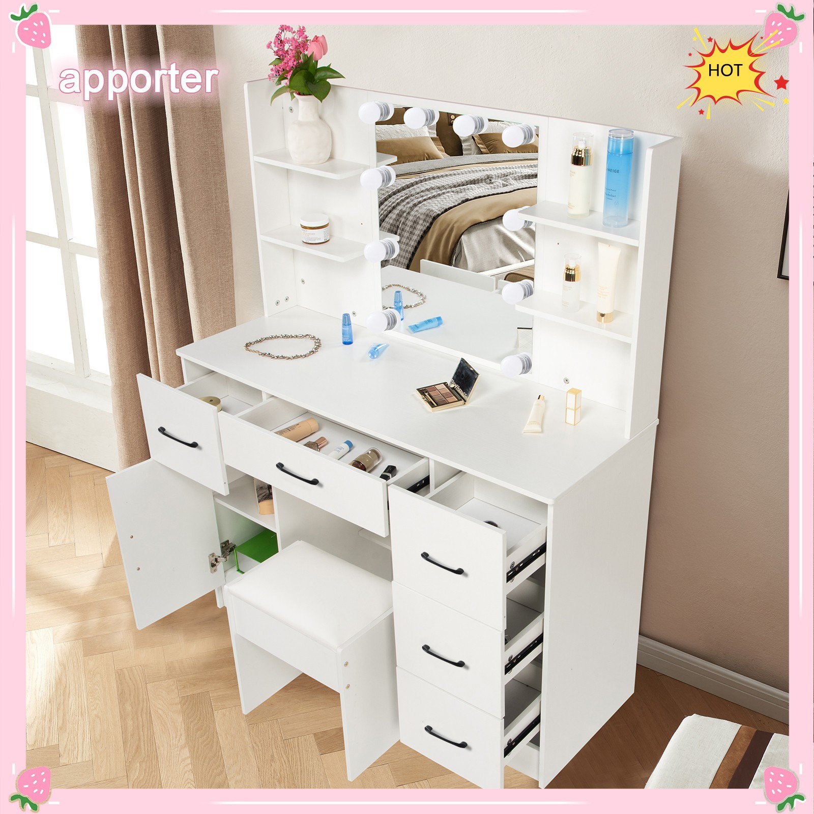 10 Light Bulbs LED Mirror For Woman-White Makeup Vanity Dresser Table/Desk