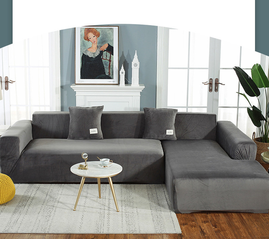 Elastic Velvet Plush Sofa Cover Corner Sectional Couch Cover L Shape 1-4 Seaters
