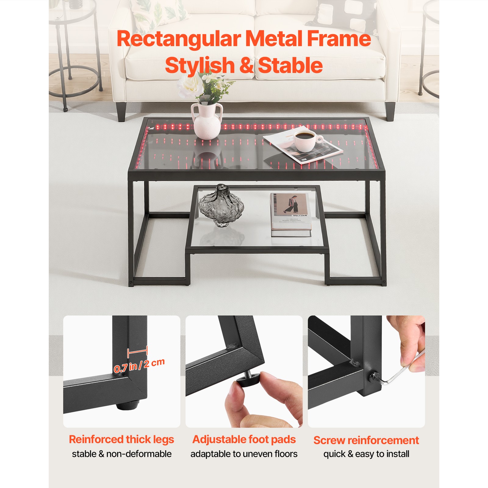 Uimoso Tempered Glass Coffee Table with LED Lighting and Rectangular Design