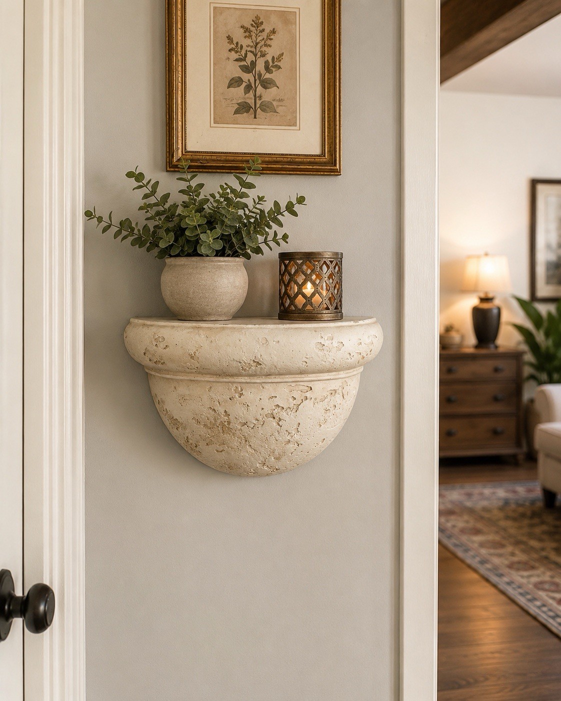 Distressed Faux Stone Wall Shelf 13in Wide Half Round Tuscan Mediterranean Decor