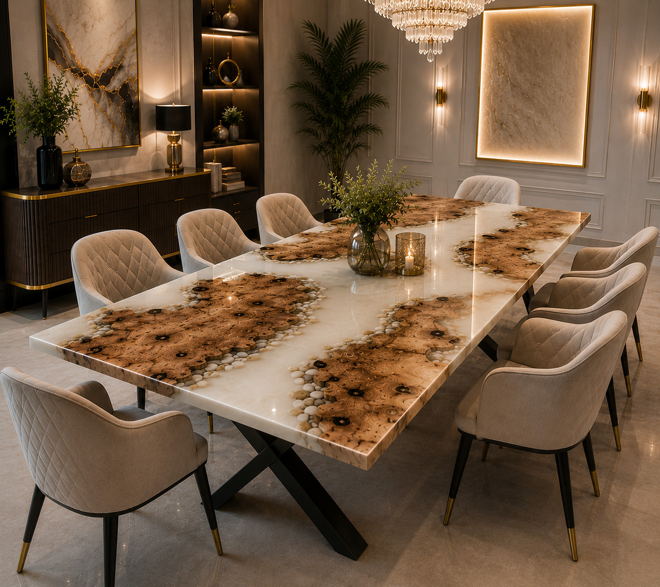 Handmade Burl Wood Epoxy Dining Table | Natural Wood Inlay Pearl White 12X24