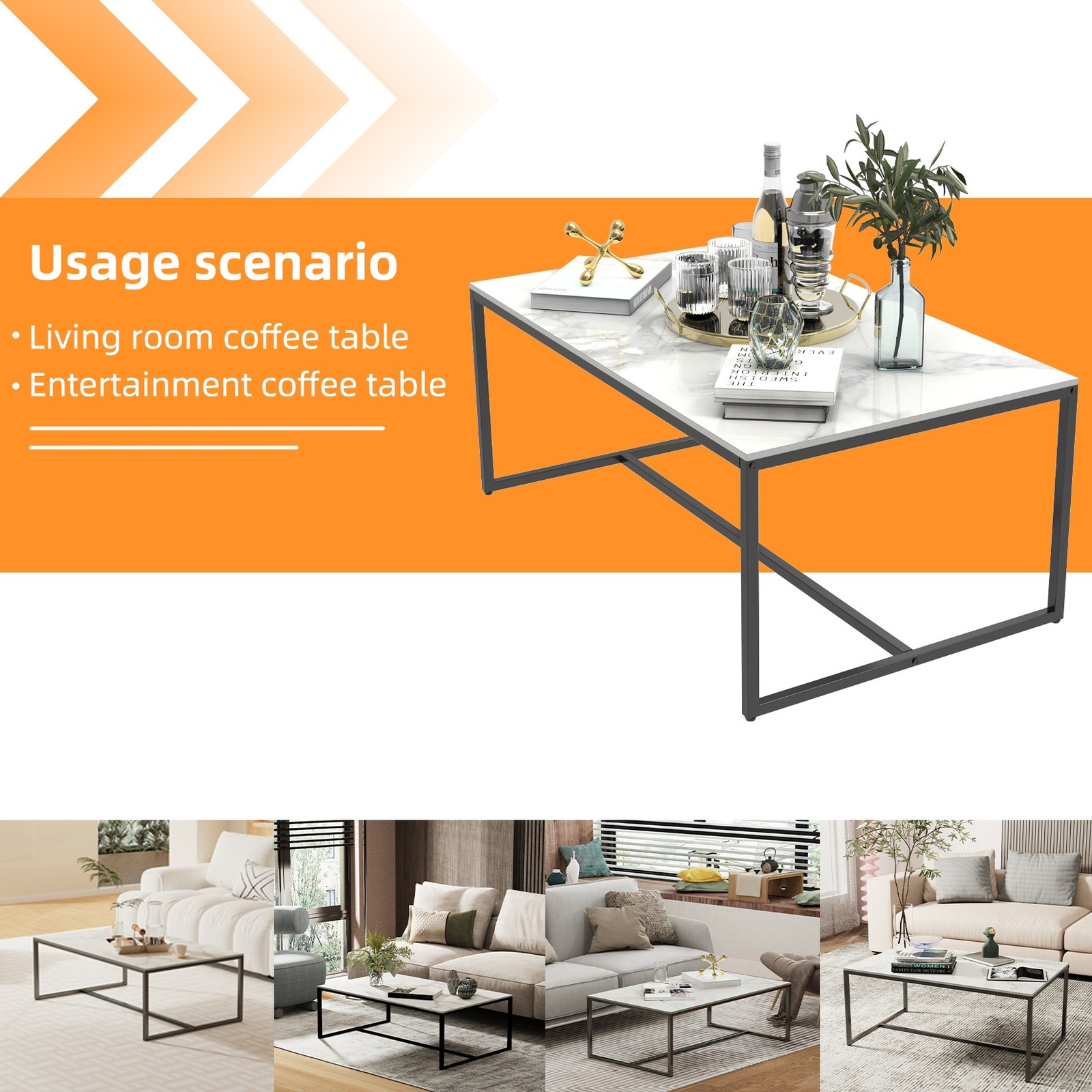 Modern Rectangular Coffee Table White Sintered Stone Top w/Black Metal Legs USA