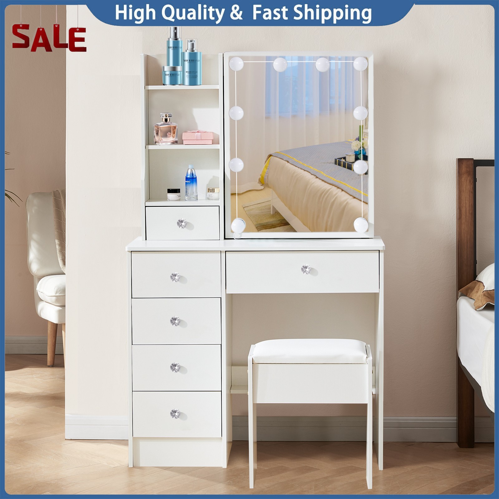 Led Lighted Vanity Set with Sliding Mirror Makeup Dressing Table 6Drawer Cabinet