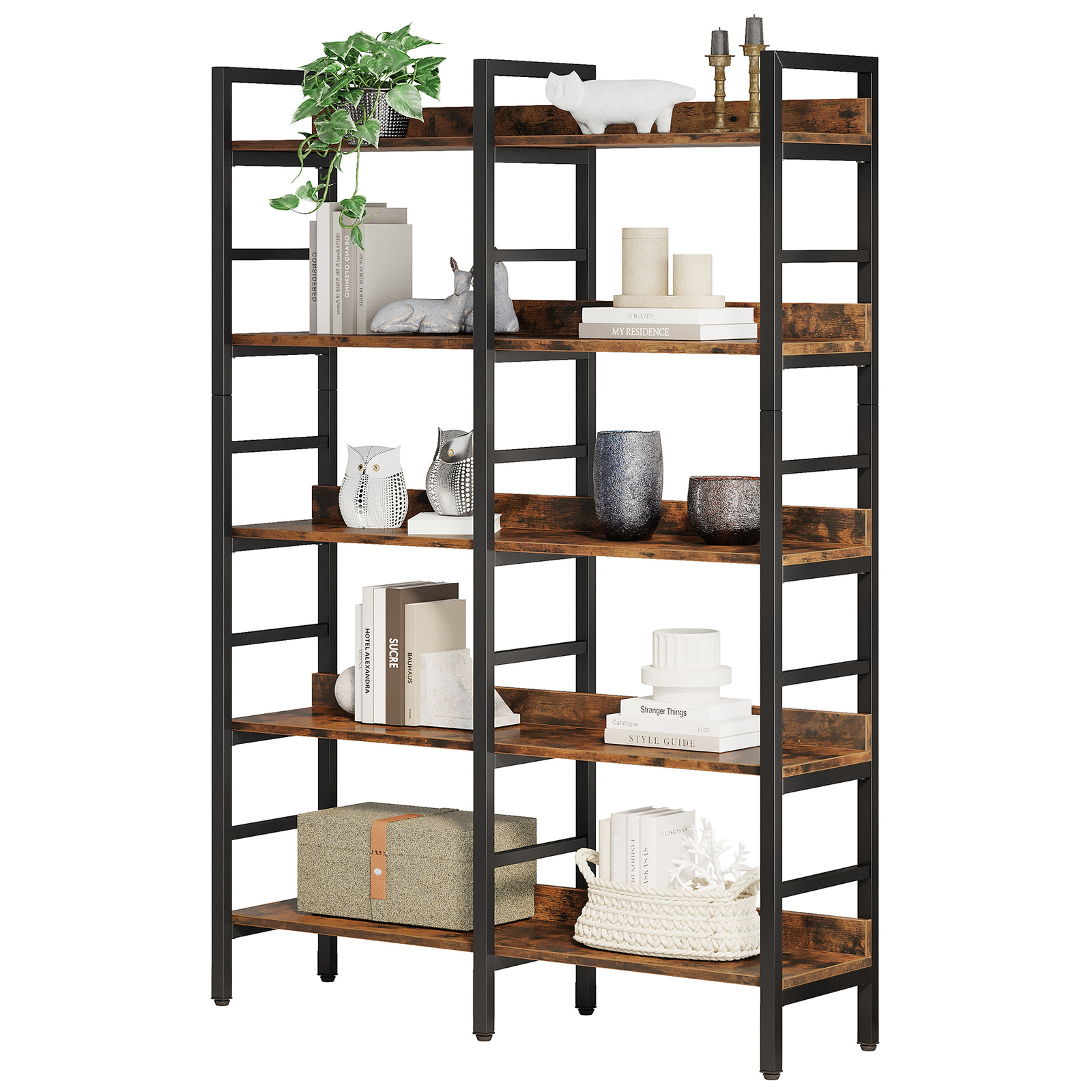 Tribesigns 5-Tier Industrial Bookshelf Etagere Freestanding Double Wide Bookcase