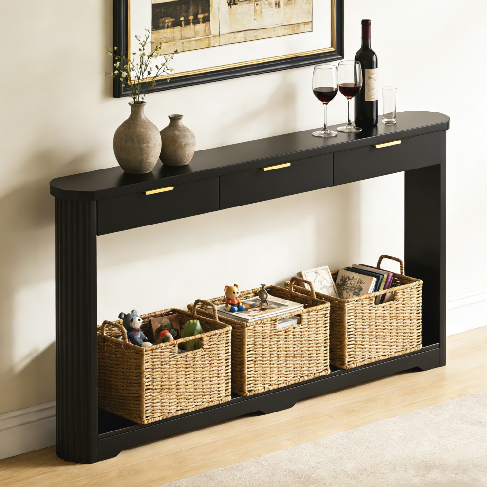 70.1″ Wavy-Patterned Storage Table with Drawers; a slim wooden side table