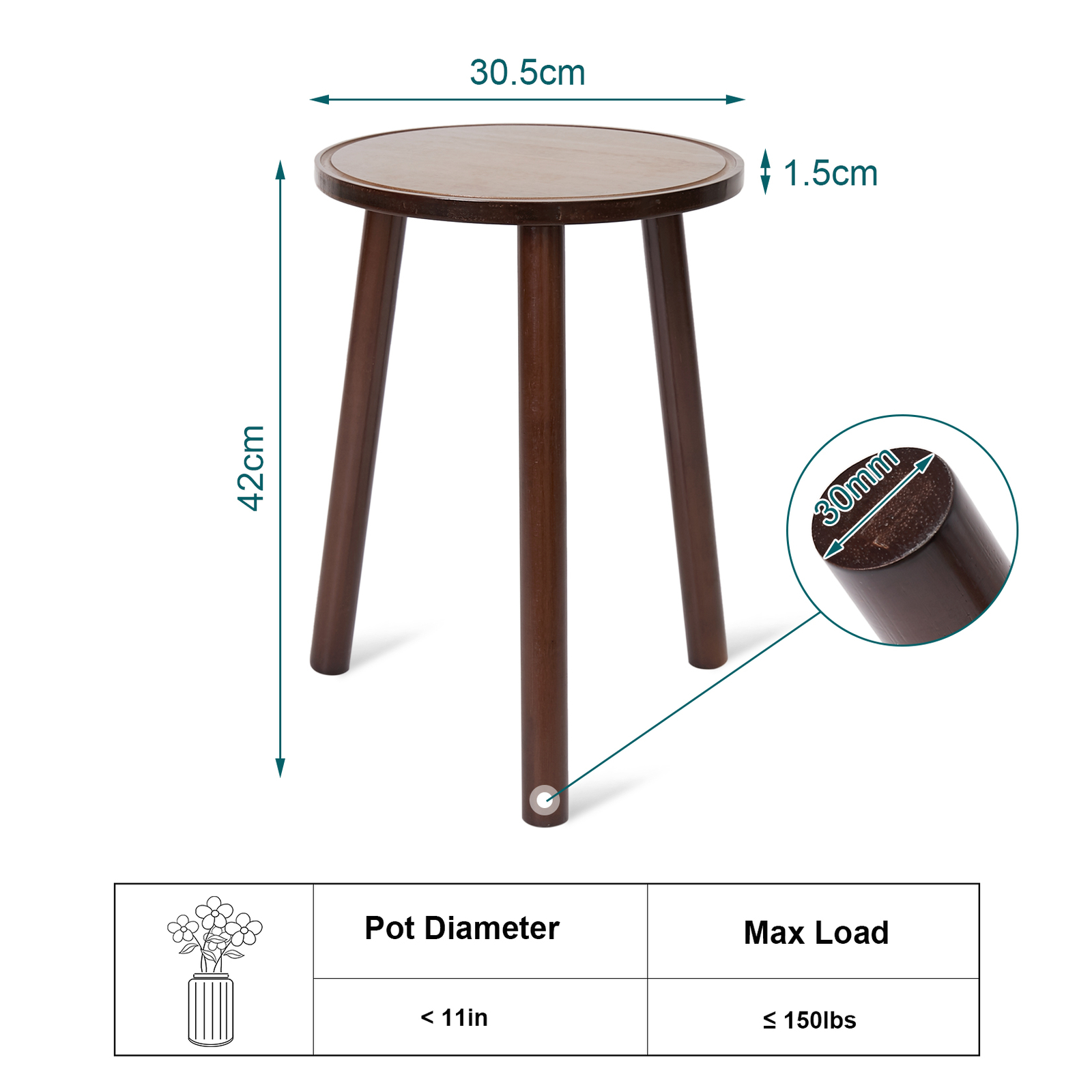 2x Rustic Side Table Round Wood Plant Stand 42cm Tall 3-Leg Stool Furniture Home