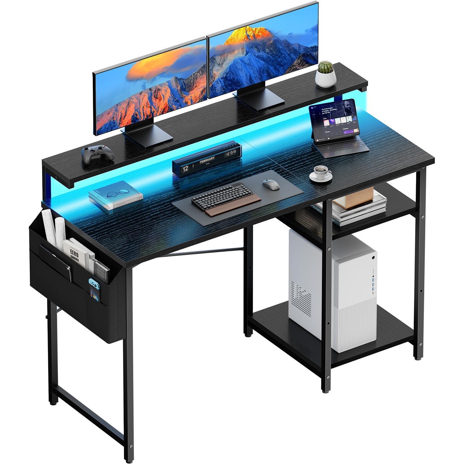 47 inch Computer Desk with LED & Monitor Stand, Home Office Desk with Shelves