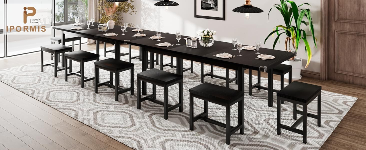 7-Piece Extendable Dining Table Set with 6 Stools, 63″ Kitchen Table Set for