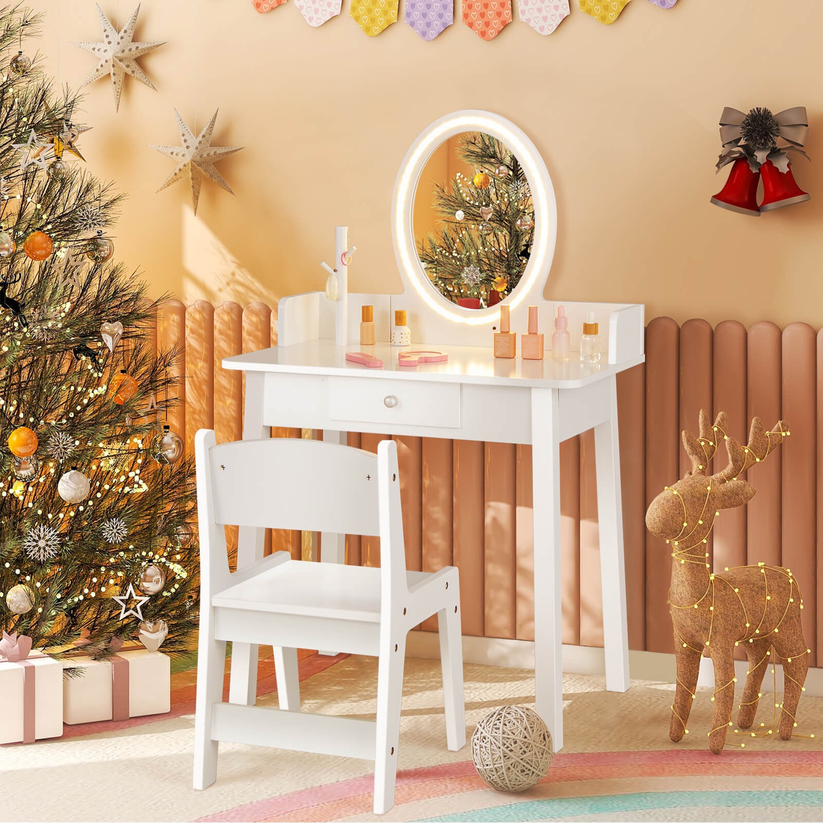 Kids Vanity Table w/Lighted Mirror & Chair 2-Color LED Lighting Drawer for Girls