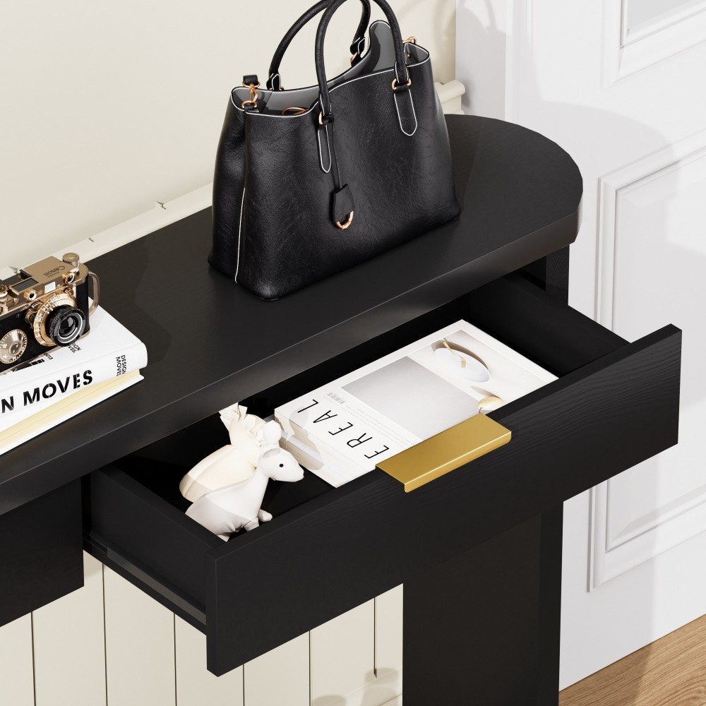 70.1″ Wavy-Patterned Storage Table with Drawers; a slim wooden side table