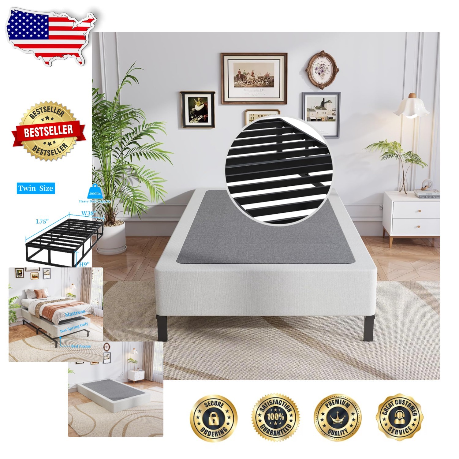 Twin 9 Inch Metal Mattress Foundation Easy Assemble Heavy Duty 2000lb Support