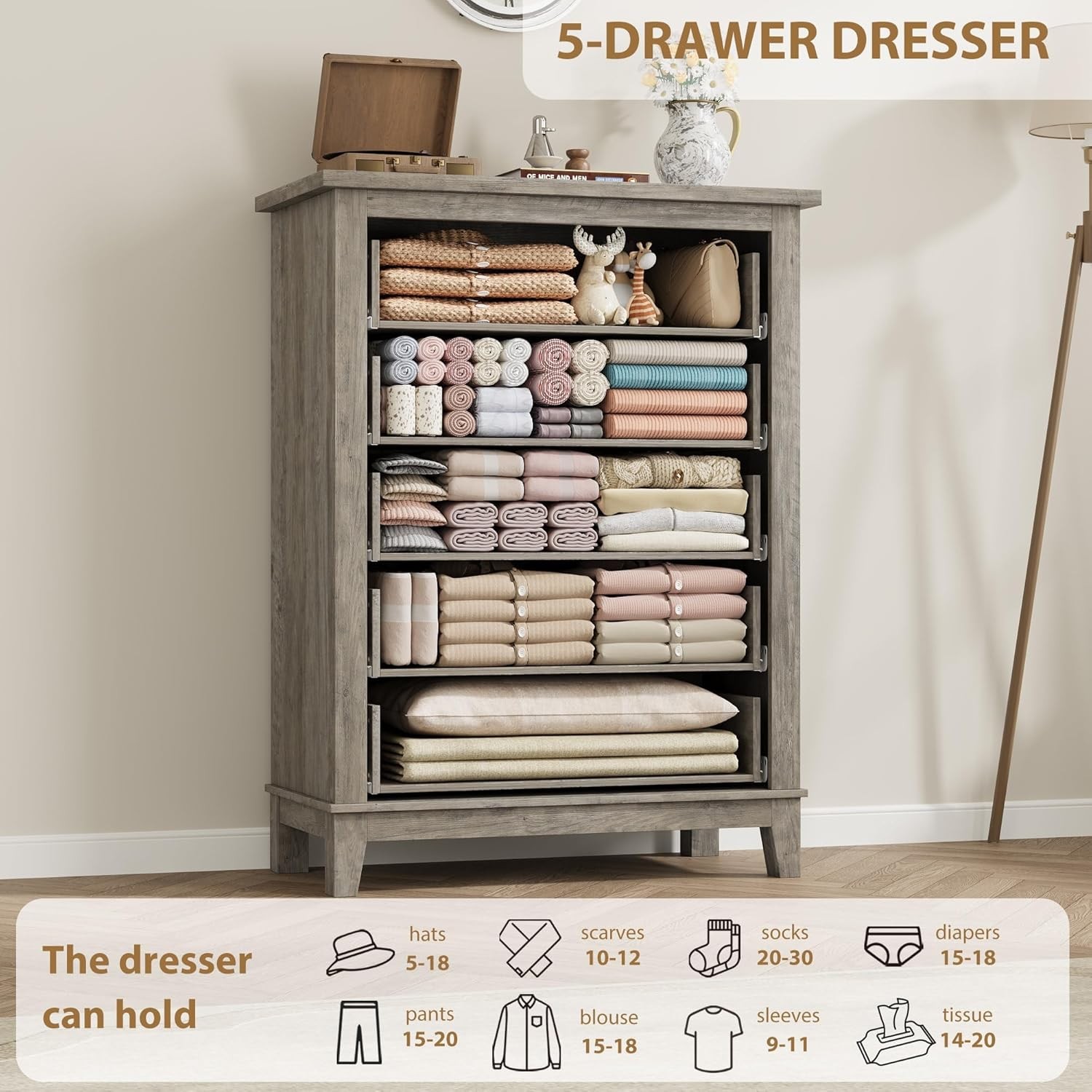 Bedroom Dresser 5 Drawer 41.3 Inch Tall Vertical Drawer with Large Storage