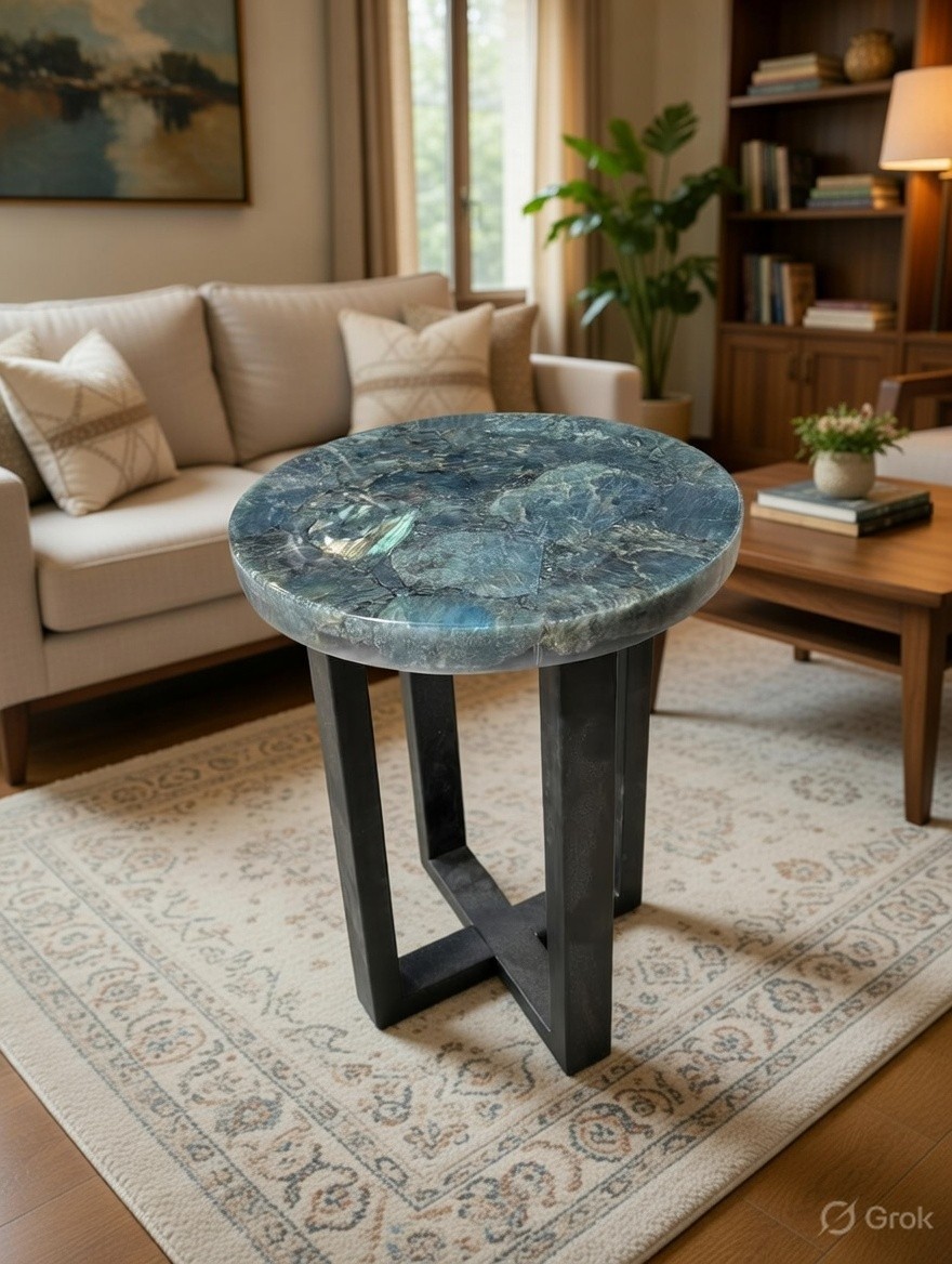 Labradorite Side Table | Semi-Precious Stone Art Furniture for Home Décor
