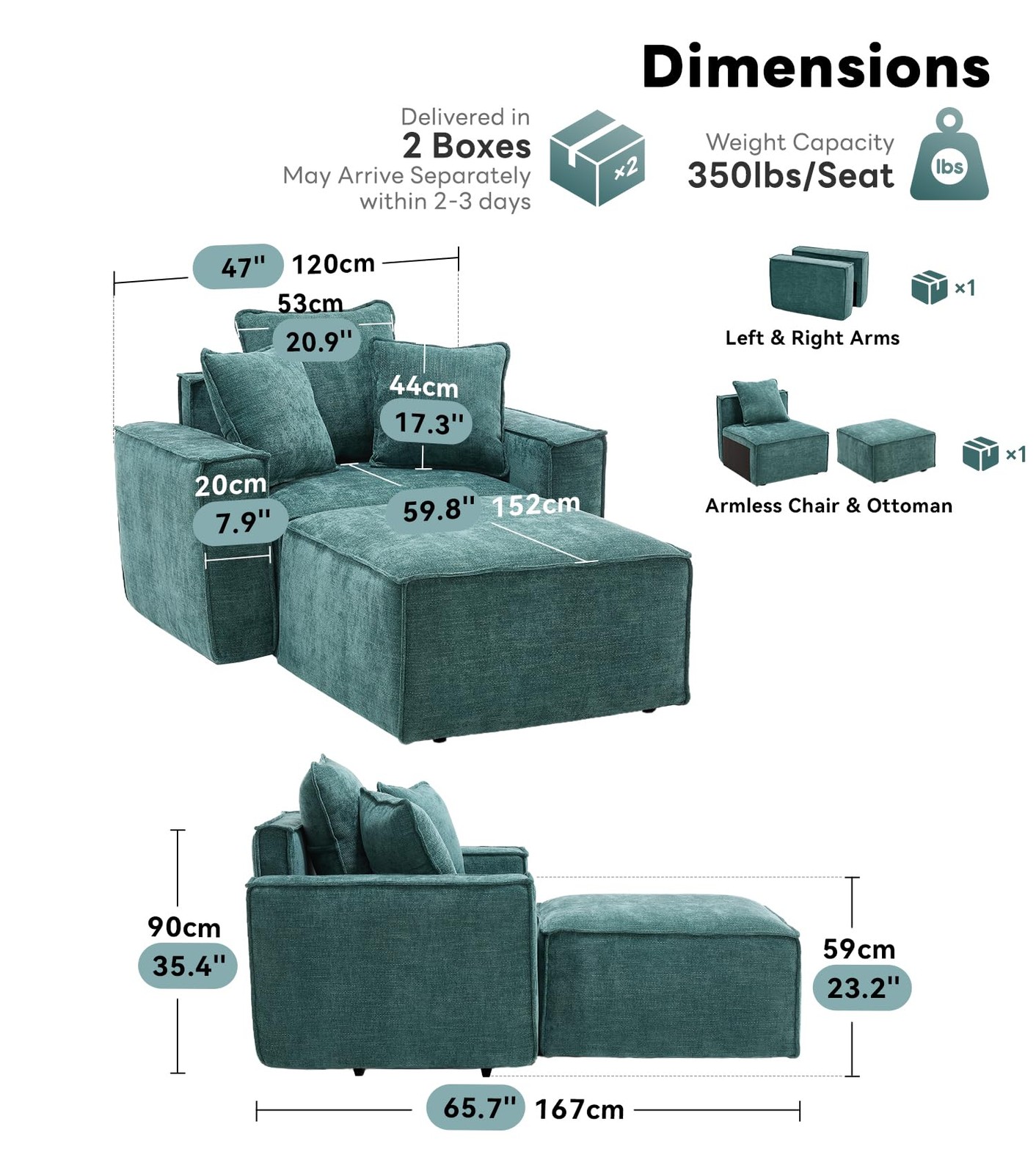 47″ Single Sofa Ottoman Chenille Cloud Couch Armrests 3 Pillows Deep Seat Green