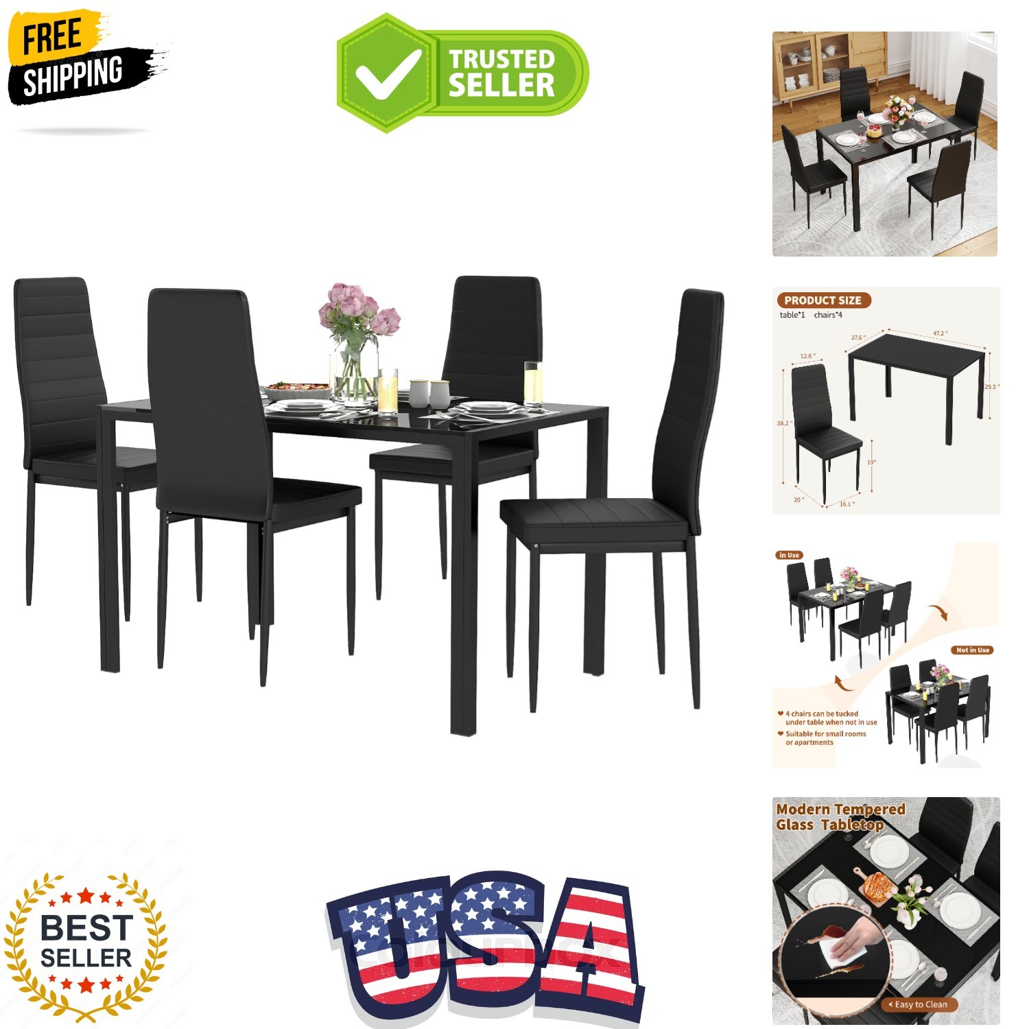 Dining Table Set for 4 | 5-Piece Glass Black Dining Table | Kitchen Table wit…