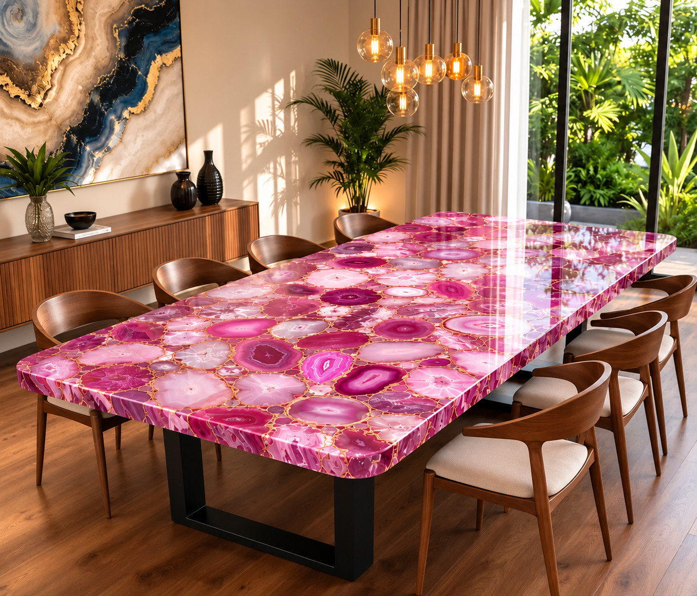 Pink Agate Dining Table | Luxury Gemstone Dining Table | Handmade Agate Stone