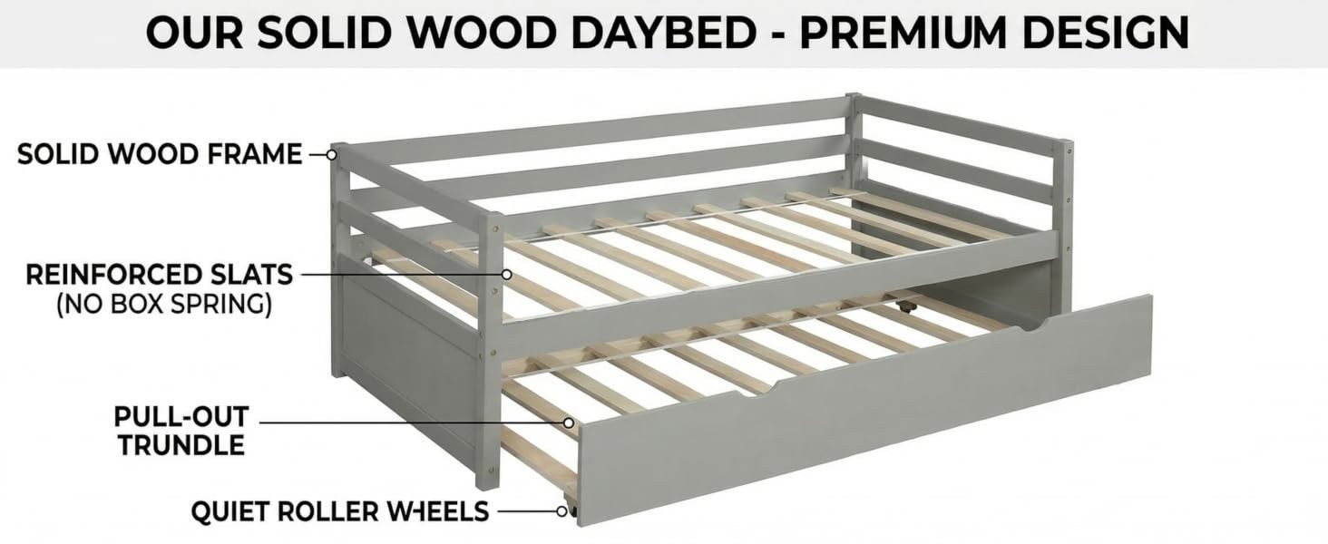 Twin Size Daybed with Trundle, Solid Wood Captains Bed Sofa Bed Frame, White