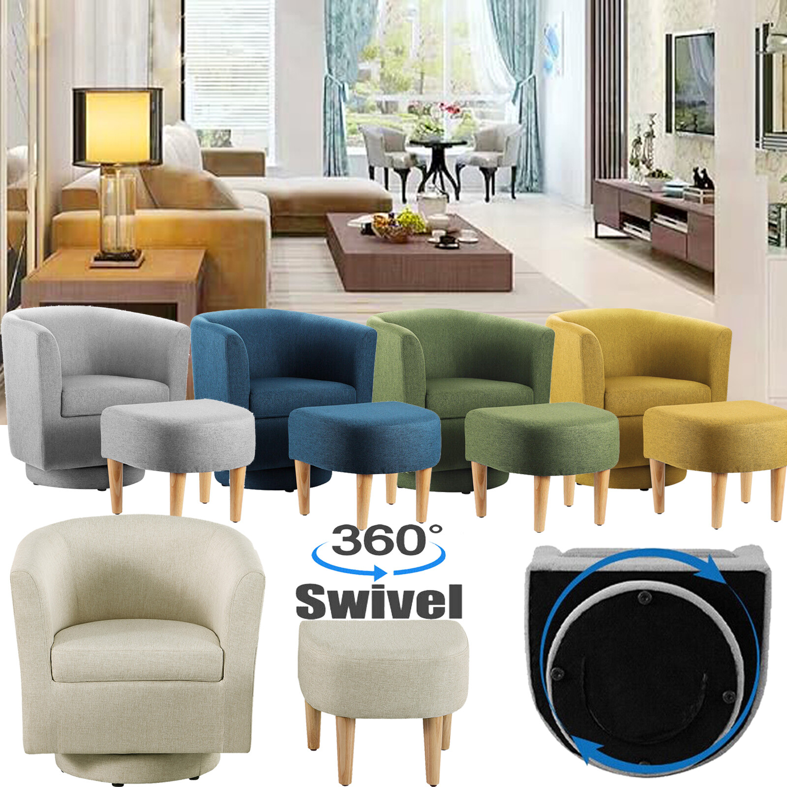 360° Swivel Accent Chair w/Ottoman Upholstered Armchair Barrel Round Club Sofa