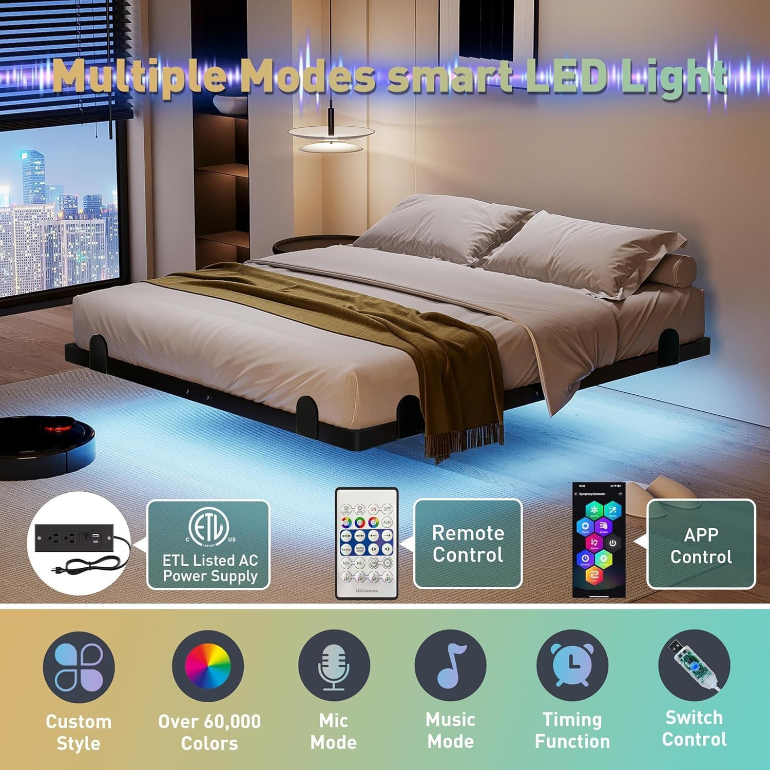 Floating Queen Bed Frame, 14 Inch Metal Platform Bed with Smart LED Lights & Cha