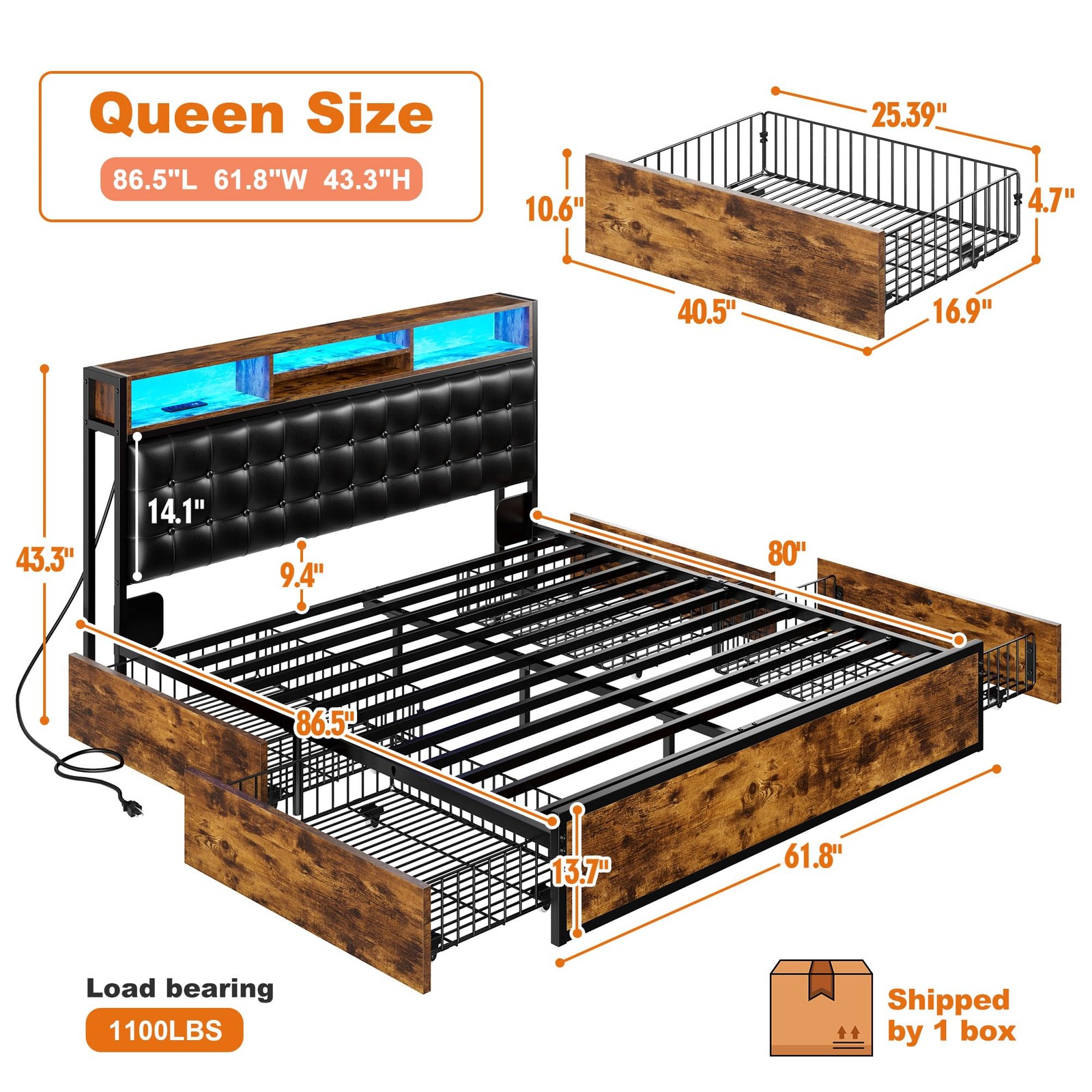 Queen Platform Bed Frame 4 Drawers LED Charging 1100LBS Tufted Headboard Brown