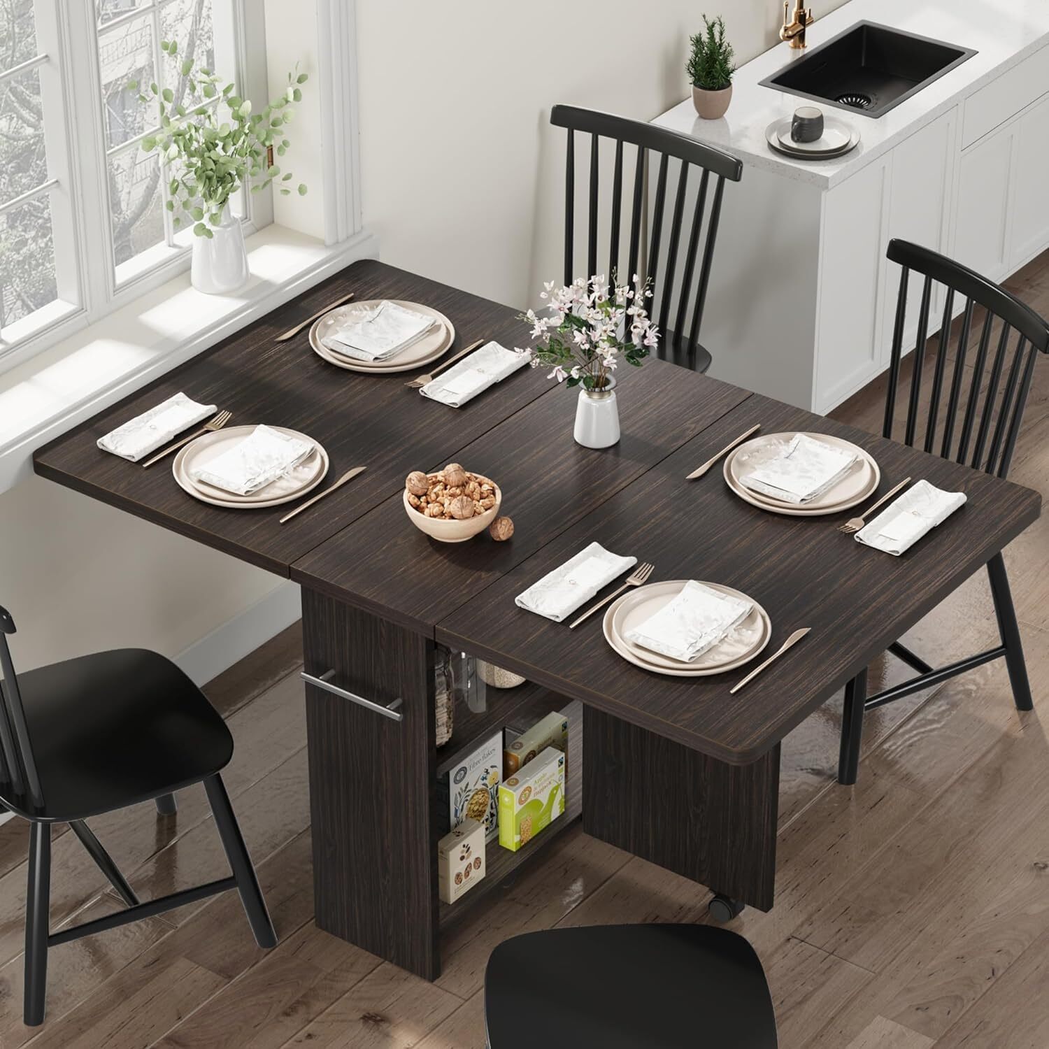 Folding Dining Table with 6 Wheels Storage Racks for Small Kitchen Saving Space