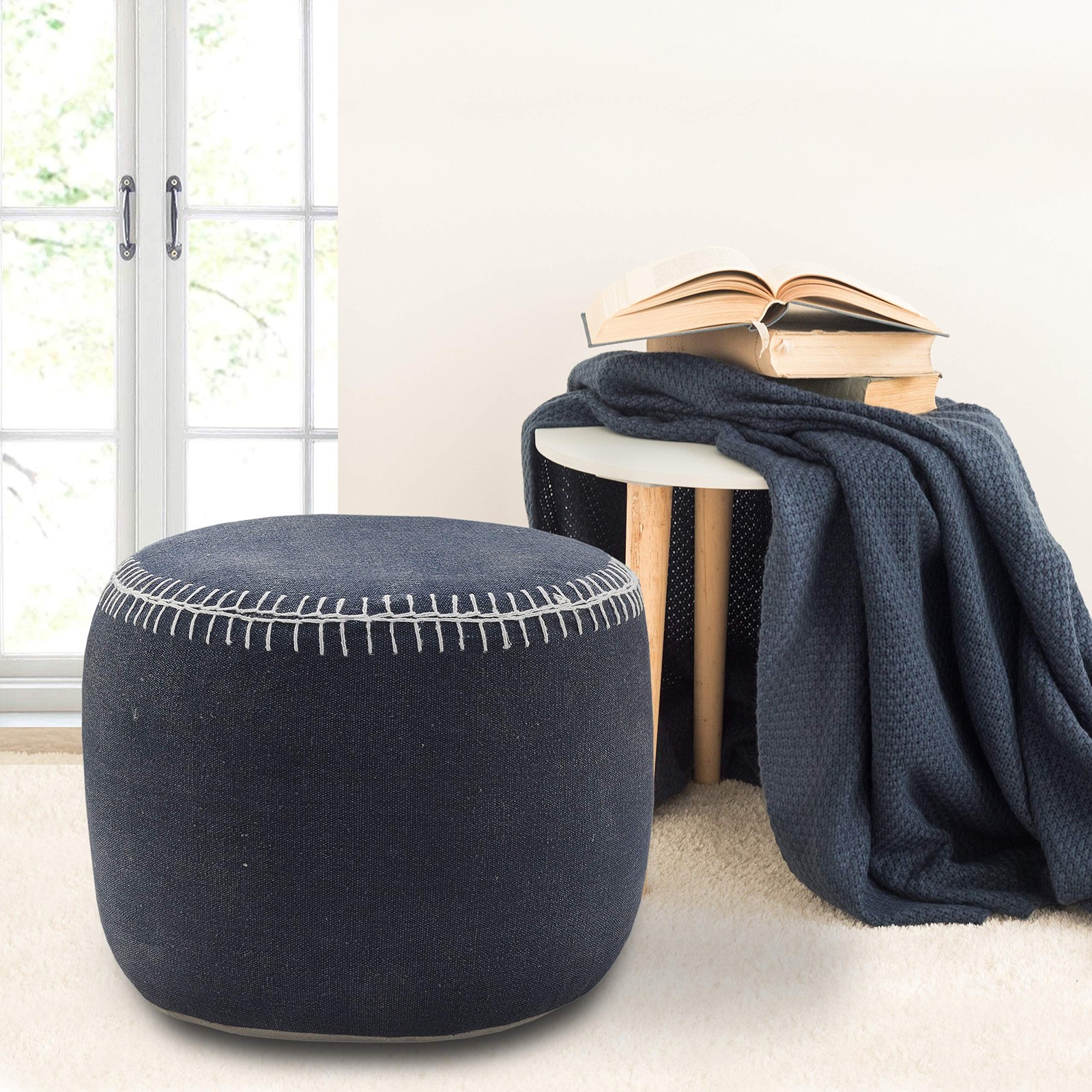 L. R. Resources, Inc. Lr Home Navy Bordered Cotton Ottoman Pouf For Home Modern