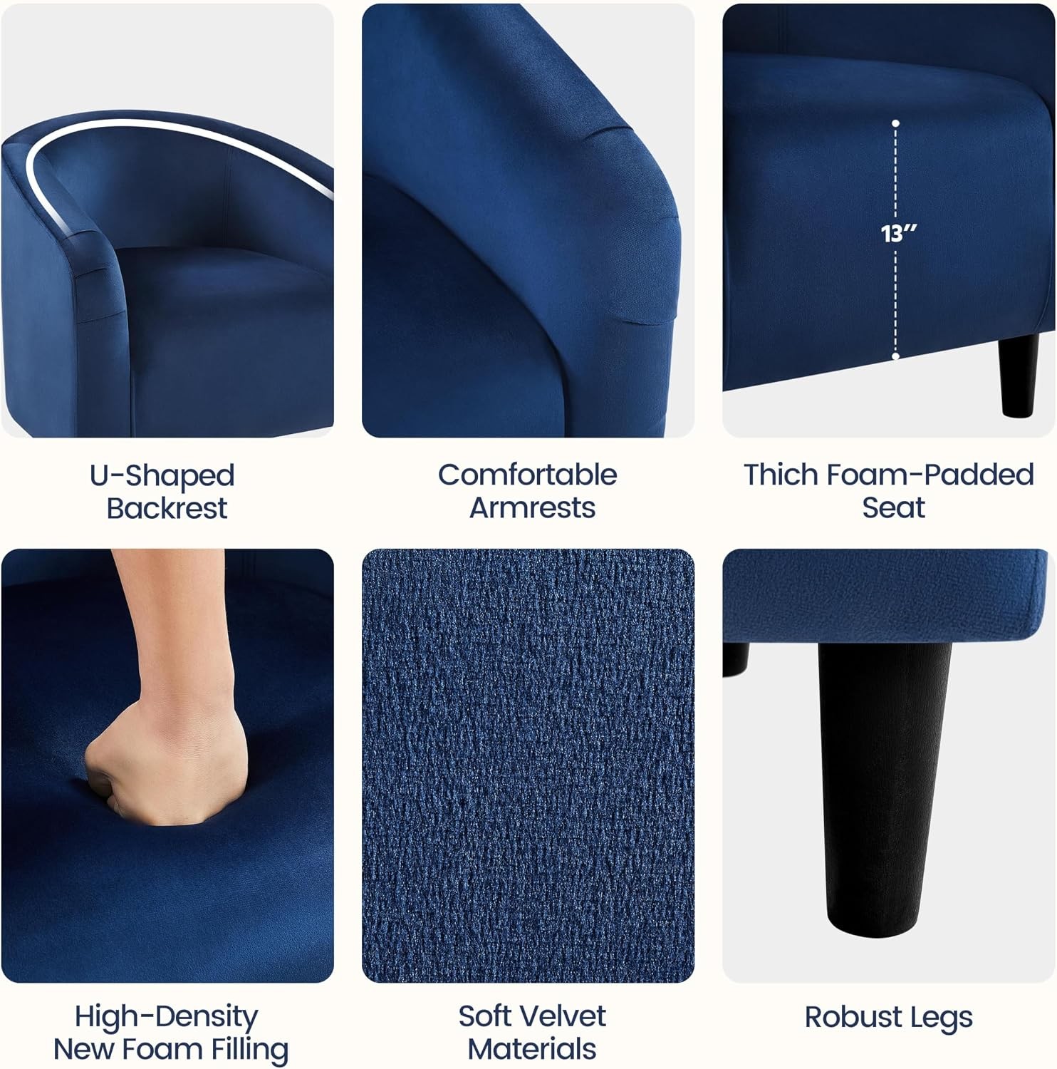 Small 25.5in Wide Velvet Barrel Accent Chair Bedroom Navy Blue | Compact Cozy