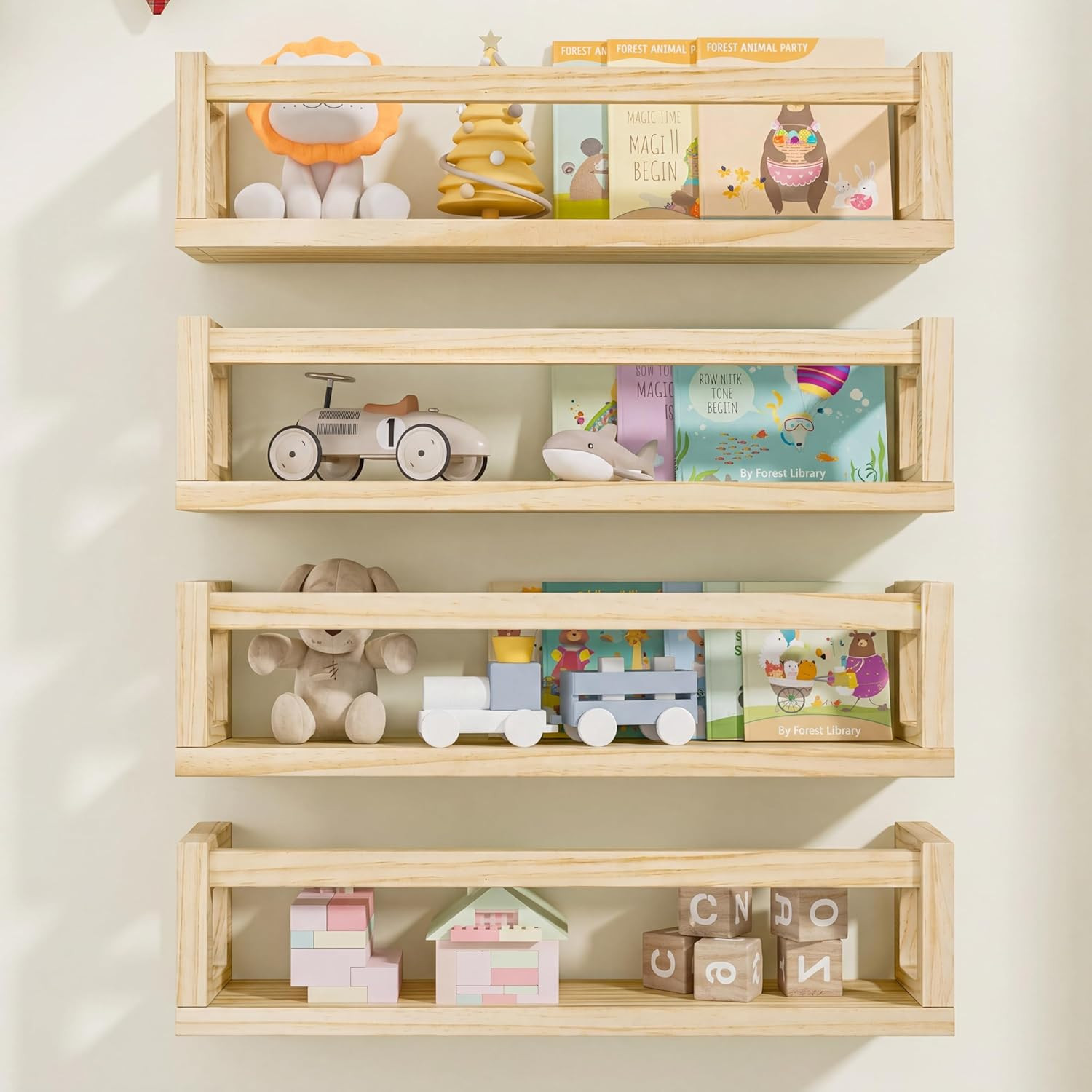 Set of 4 16.5″ Solid Wood Floating Bookshelves for Wall | Natural Wood Finish, K