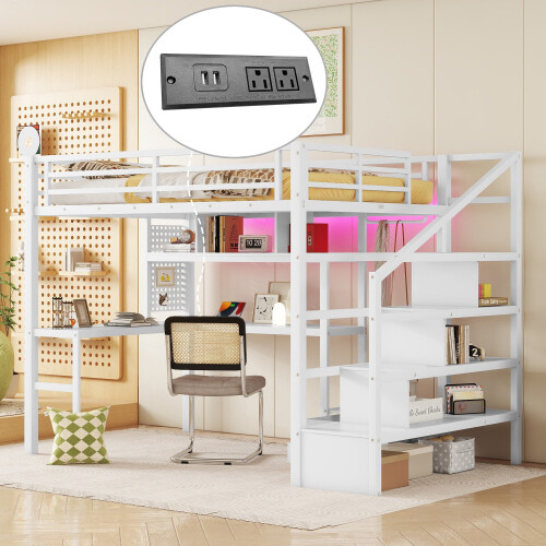 Black Metal Loft Bed with Desk Staircase LED Lights Charge Station Full Size Bed