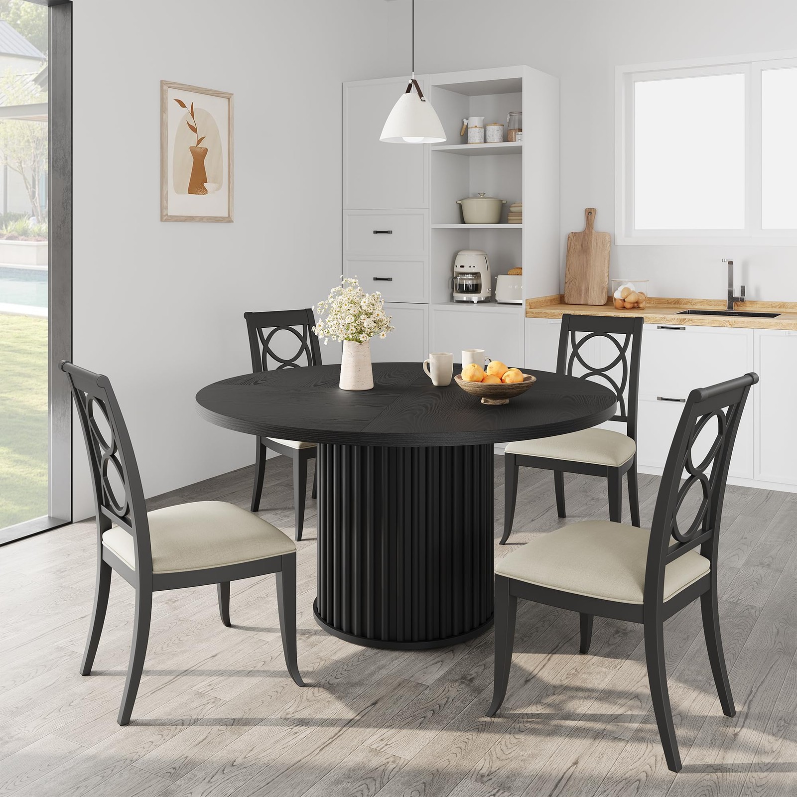 47″ Round Dining Table for 4-6 Black Industrial Kitchen Table w/ Waveform Base
