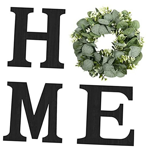 Wood Home Sign with Artificial Eucalyptus Wreath for O, Hanging Farmhouse Wall