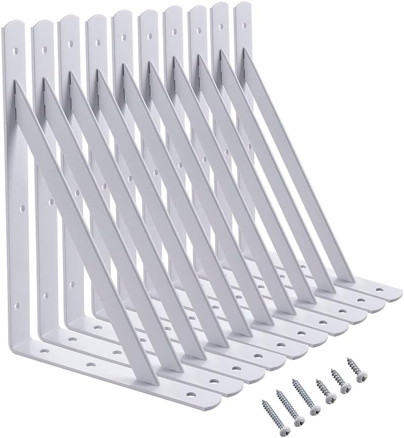12 X 8 Inch Heavy Duty Shelf Brackets, Load Capacity: 600Lb, 10-Pack White Metal