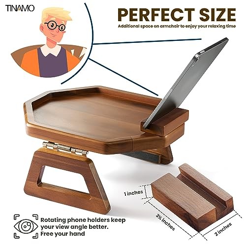Octagonal Sofa Arm Tray, Couch Armrest Table with Octagon Phone Holder Acacia