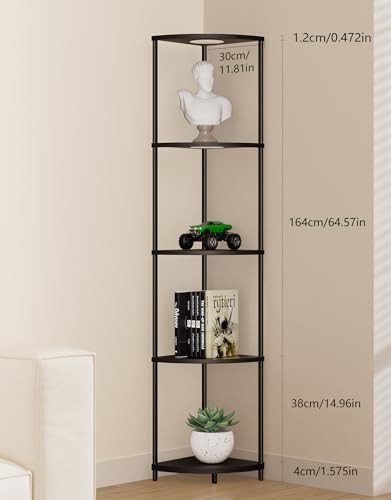 Corner Shelf with RGBCW LED Light, 64.5” Tall Floor Lamp Narrow Bookshelf Black