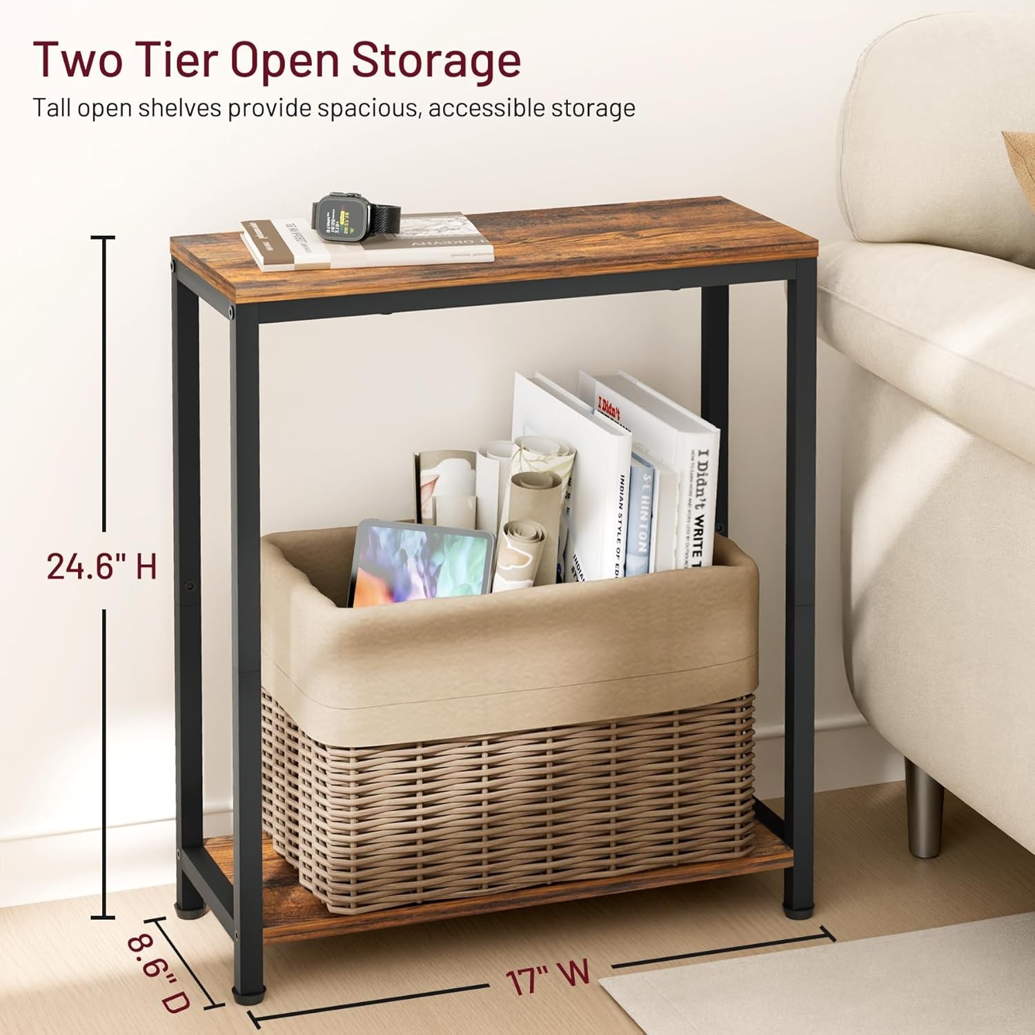 2 Tier Narrow Small Side End Table Rustic Brown and Classic Black
