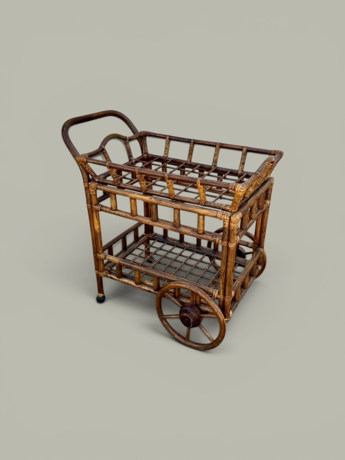 Vintage 1970s Bamboo Rolling Bar Cart with Removable Serving Tray