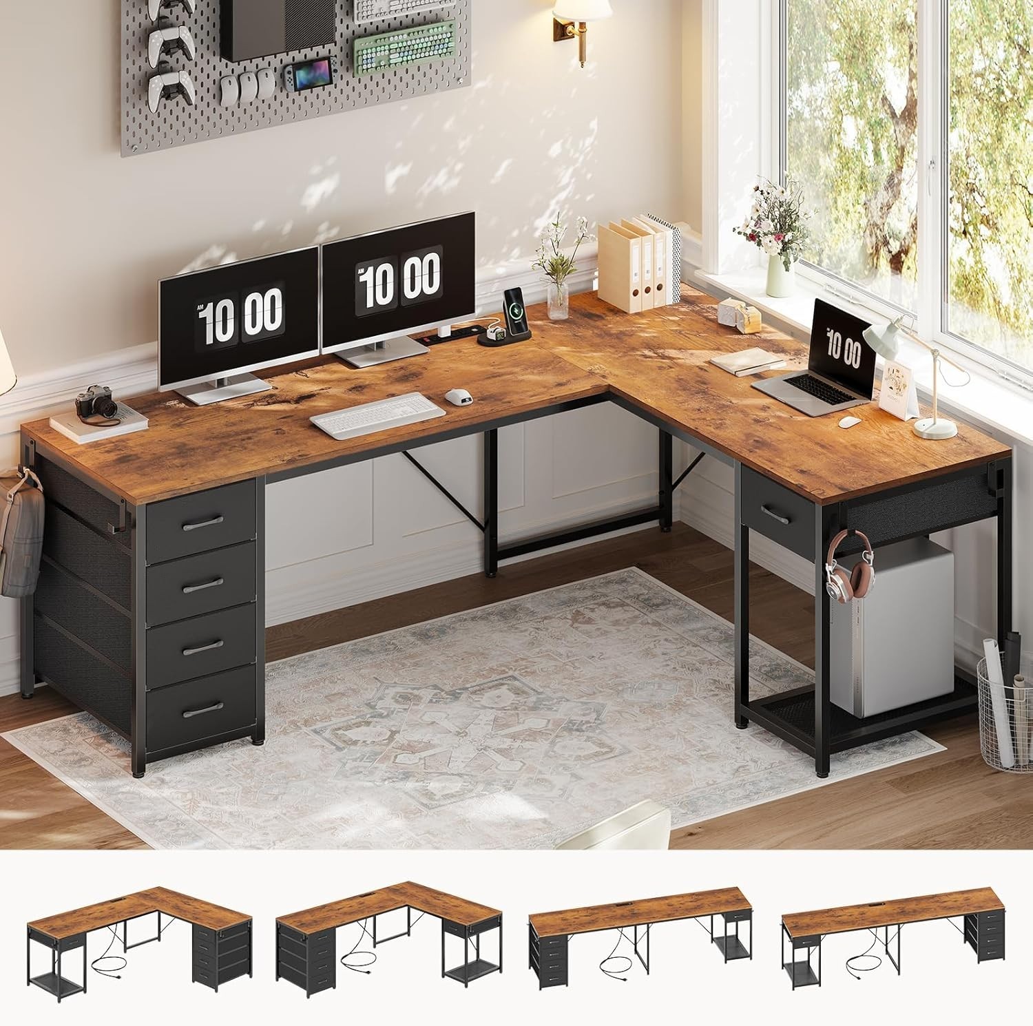L Shaped Computer Desk with 5 Drawers Modern Reversible 78.7″ Long 2 Person Desk