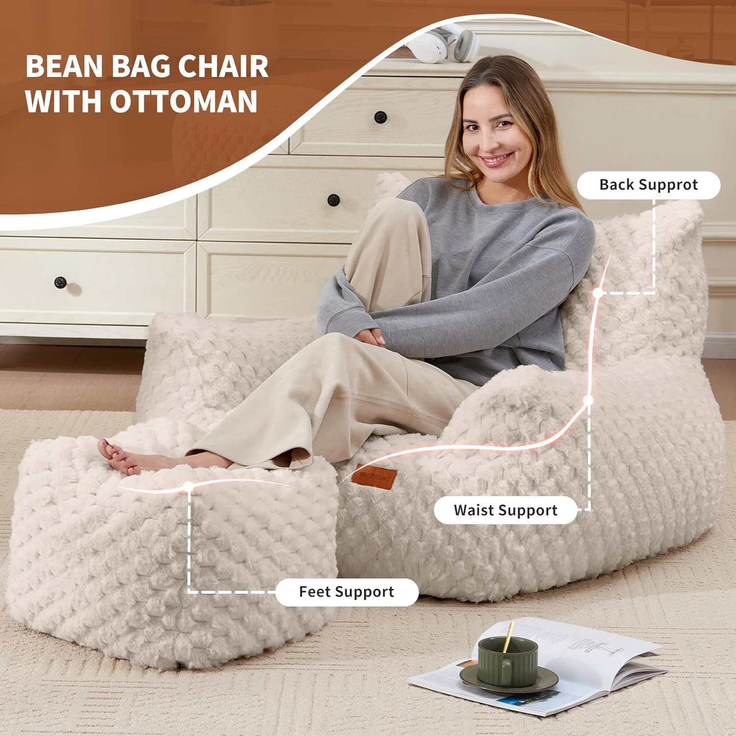 Giant Faux Fur Bean Bag Chair with Ottoman – Comfy Lounge Sofa for All Ages