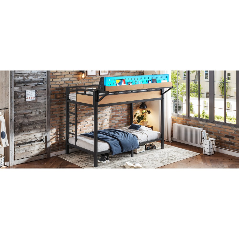 Twin XL over Twin XL Size Metal Bunk Bed with Storage Shelves and Pegboard