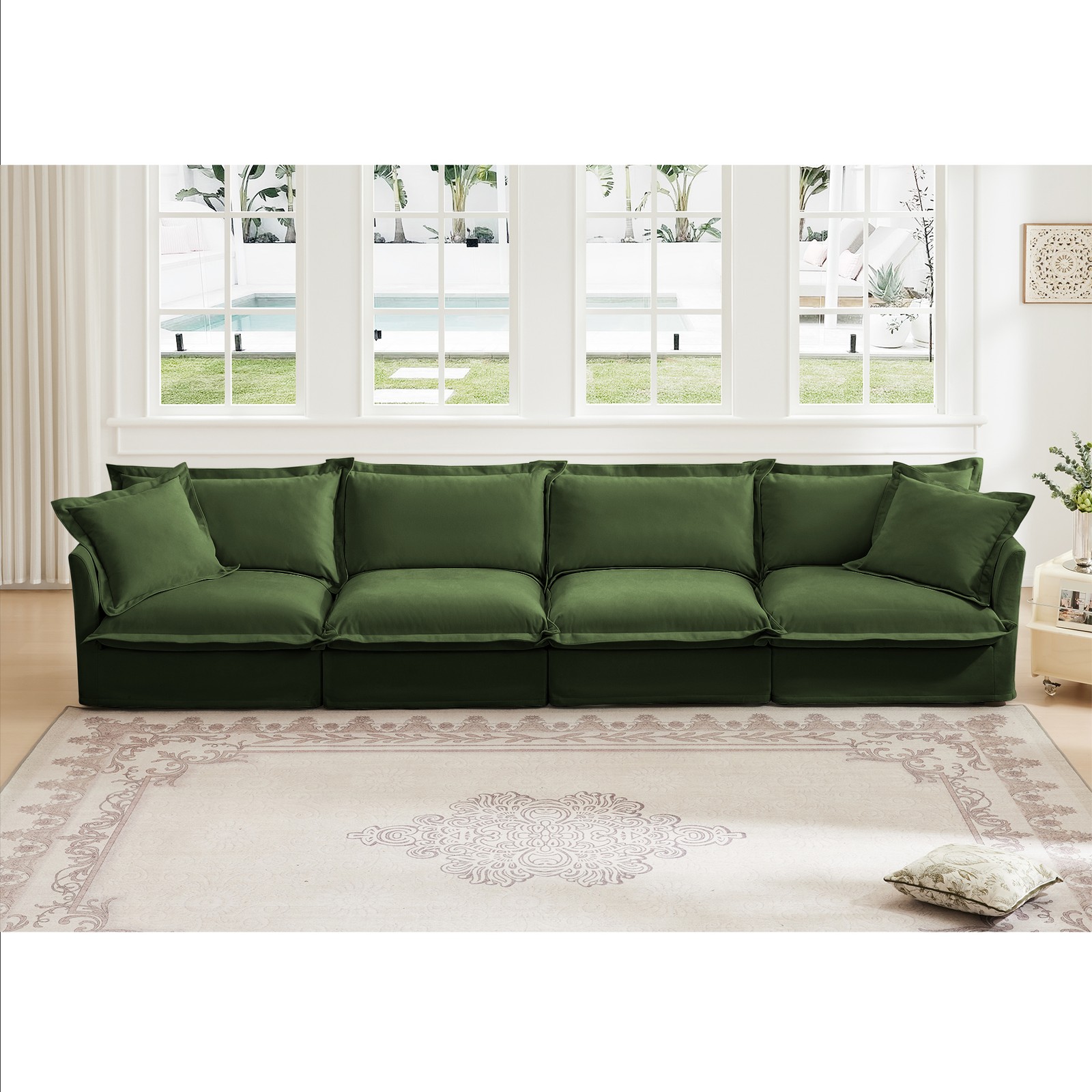 4 Seat Sofa Sectional w/ Removable Cover, Deep Seat Chenille Fabric, Green