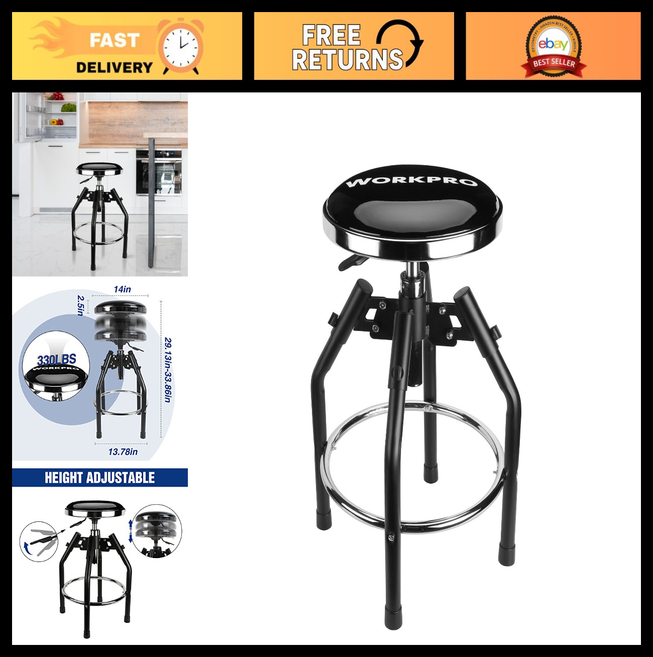Heavy Duty Adjustable Hydraulic Shop Stool, Garage Bar Stool, 29″-33.86″, 330lb