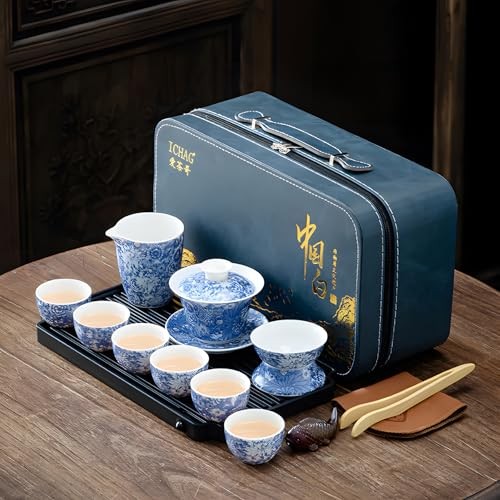 14-Piece Portable Gongfu Set—Yangzhi Jade Porcelain Gaiwan Kit—Dark Blue