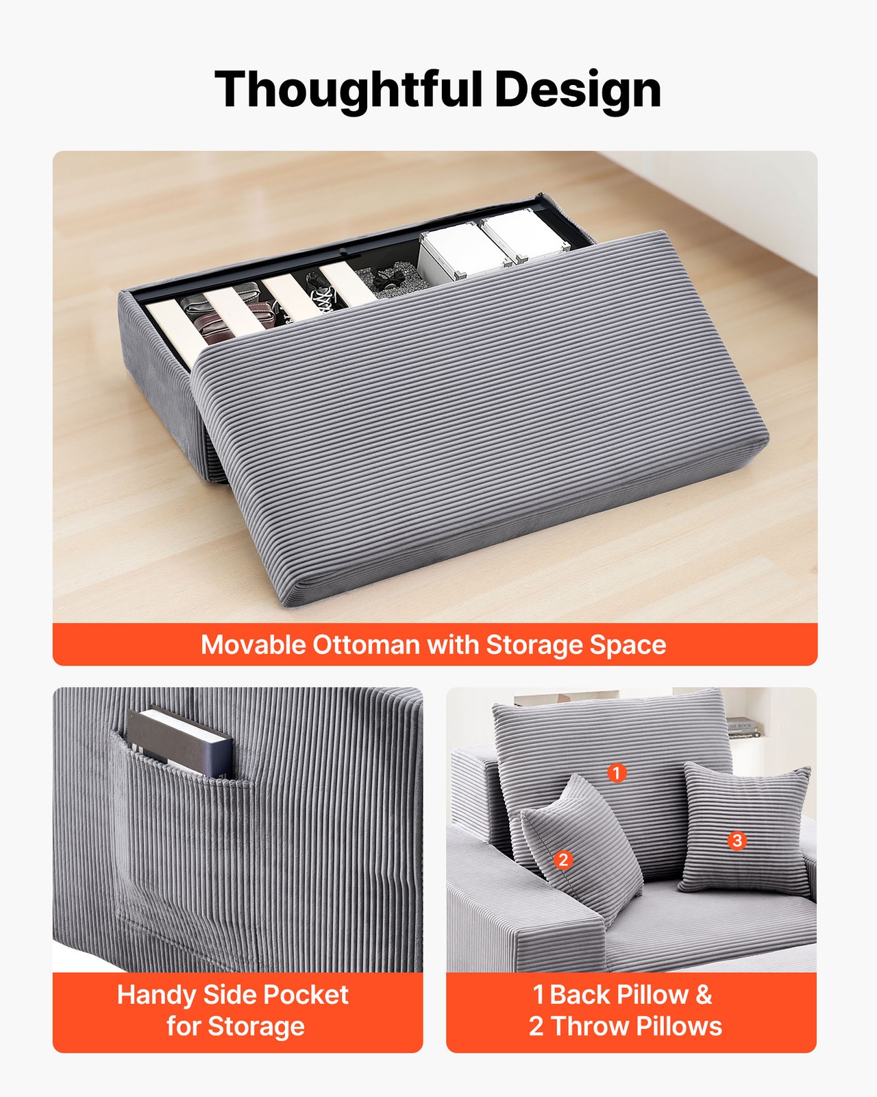 VEVOR Chaise Lounge Chair 44 in Boneless Modular Chaise Lounge Indoor Grey