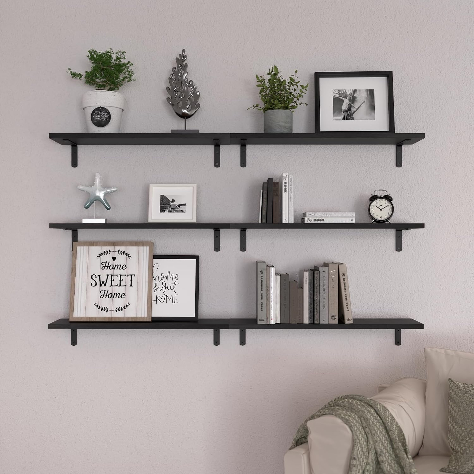 Floating Shelves Set of 6, 24 Inch Long Wall Storage Rustic Wood for Bedroom