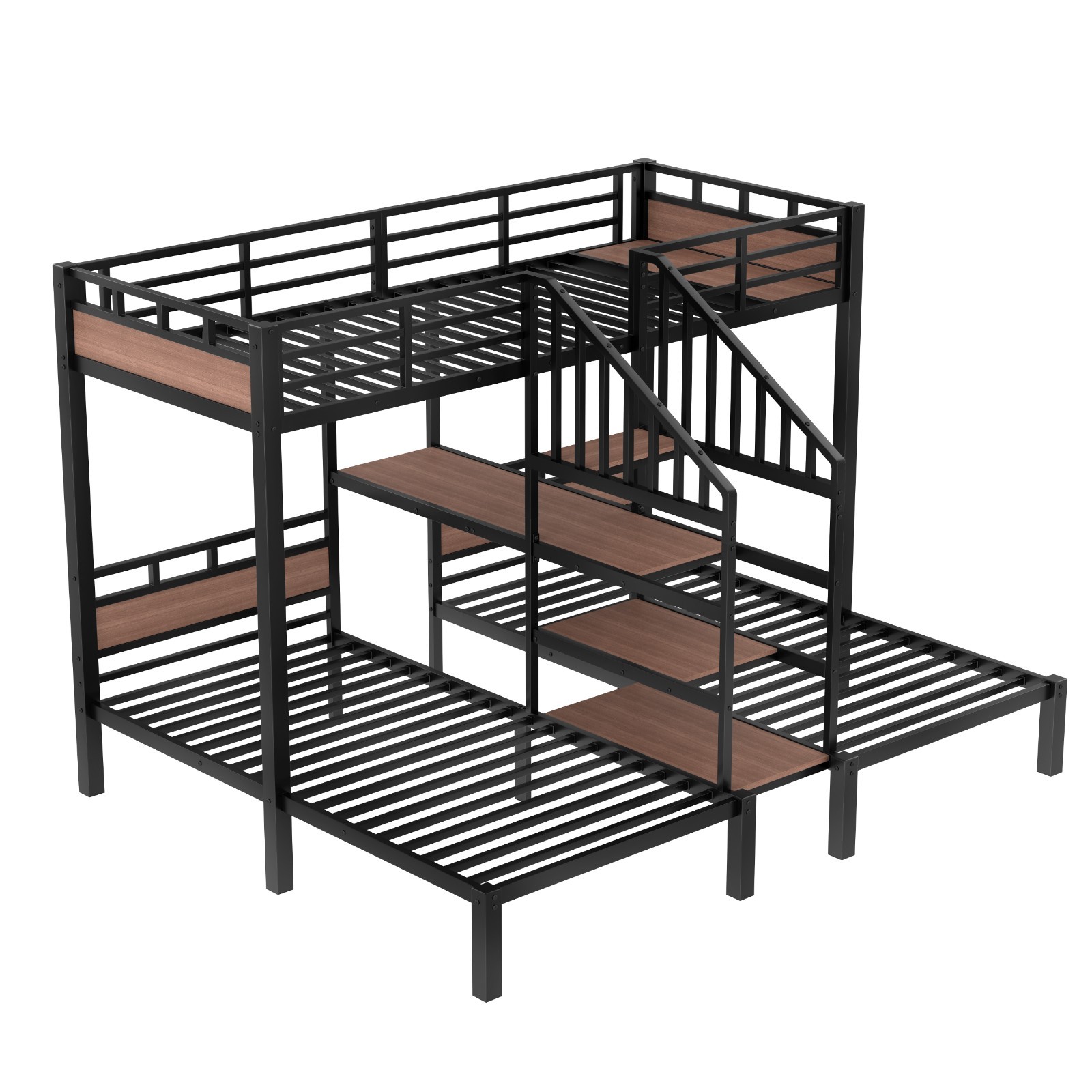 Twin/Queen over Twin over Twin Metal Bunk Bed Triple Bunk bed w/Storage Shelves